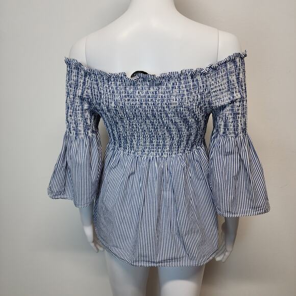 Zara Smocked Top Size M Blue White Square Neck Off Shoulder Bell Sleeve Y2K - Picture 5 of 9